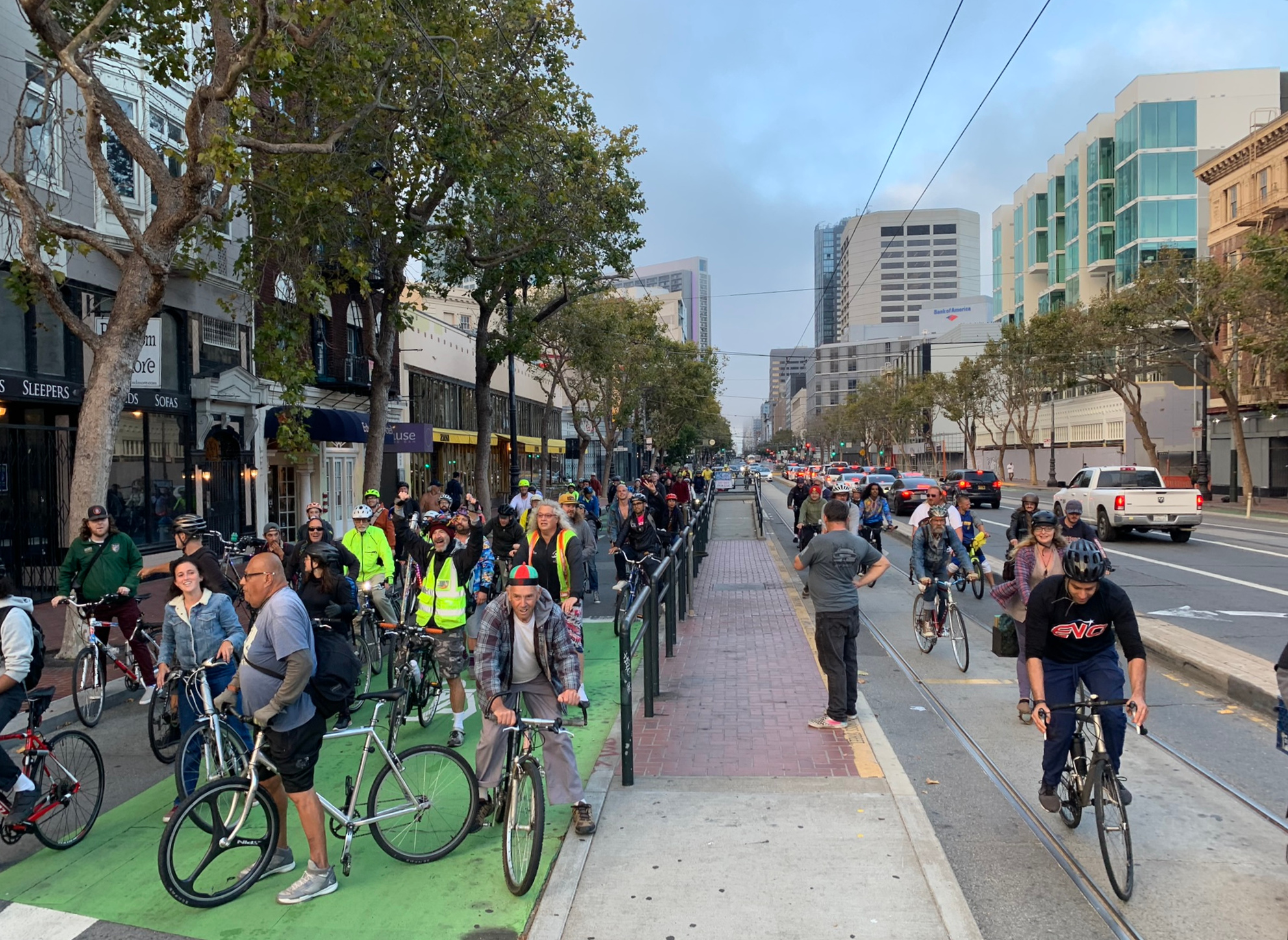 Bikes filling up Market St at the Gough intersection.