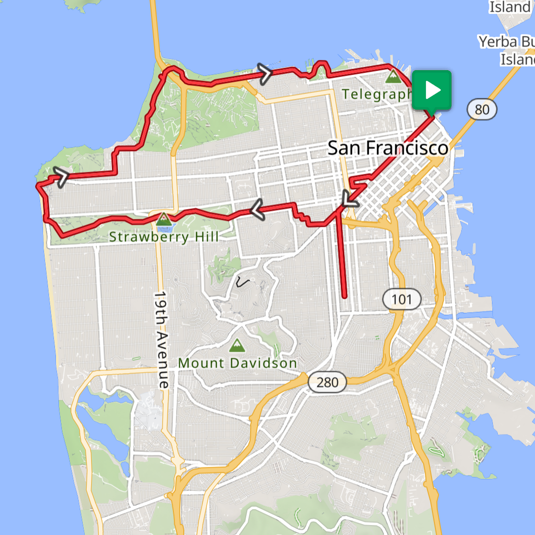 A map of SF showing a route starting at the Ferry building, heading southwest up Market St, through Civic Center, up and down Valencia, continuing up the Wiggle, down Golden Gate Park, and continuing back around to the start along the north edge of the city.