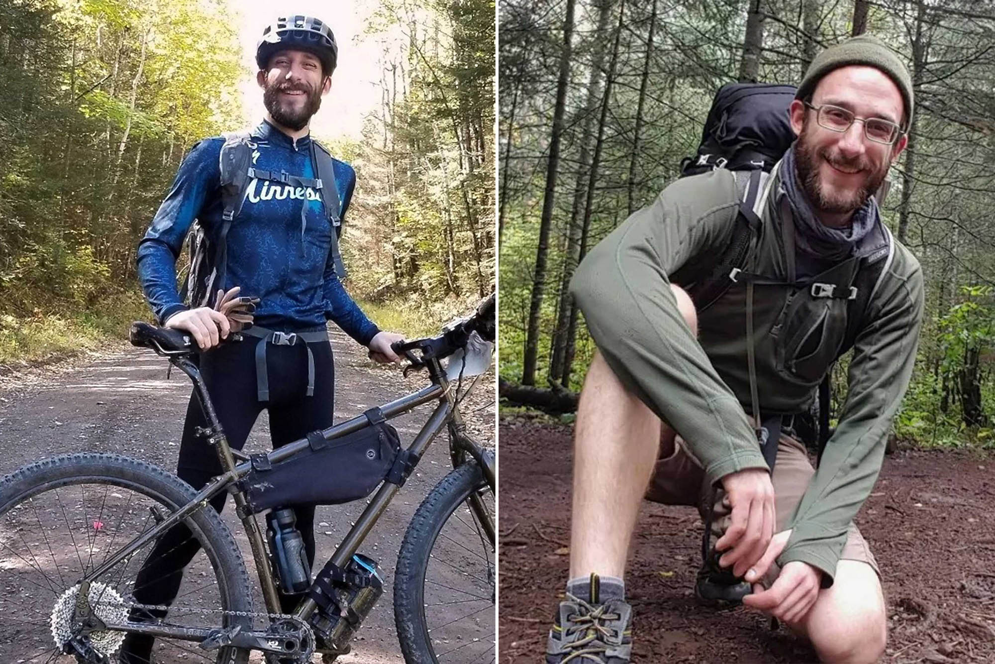 Two photos of Alex Pretti smiling, out in the woods. The left in bike gear behind a montain bike; the right kneeling in hiking gear and glasses.